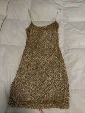 Oh Polly Gold Mini Beaded Spaghetti-Strap Dress